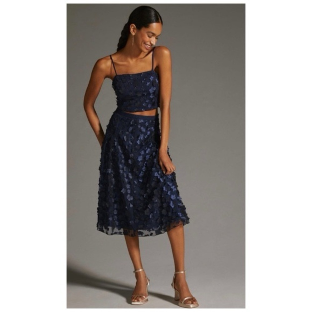 Eva Franco Mesh Top and Skirt Set Navy Petal Floral Cocktail Wedding Guest Sz 4 - Picture 9 of 9
